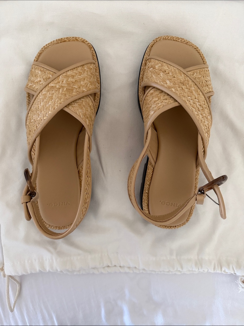 UNWORN! Vince Tan Raffia Woven Cross-Strap Sandals